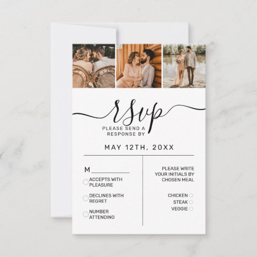 白エレガント黒フォトモノグラムウェディングRSVP En 出欠カード (正面)