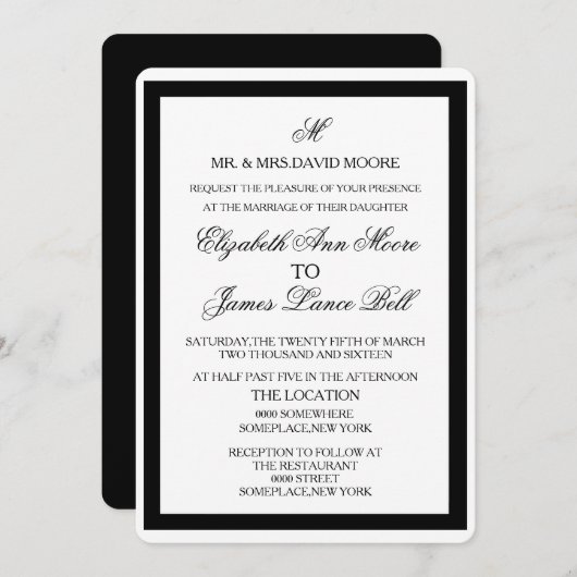 白エレガント黒フォーマル結婚の 招待状 (正面/裏面)
