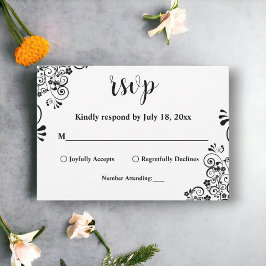 白エレガント黒ボホ華美フローラ結婚 出欠カード