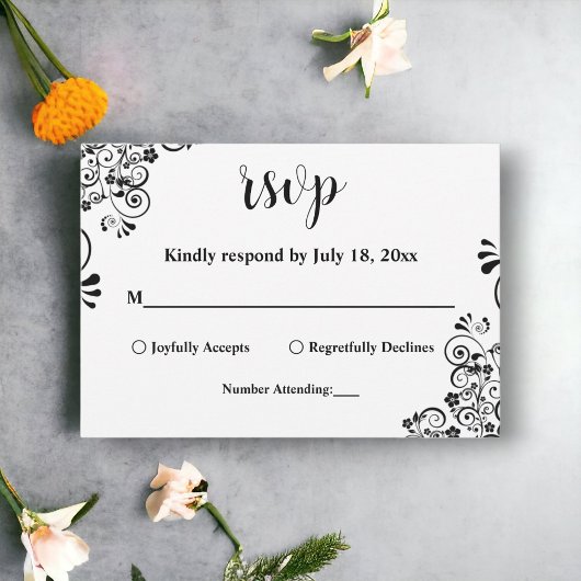 白エレガント黒ボホ華美フローラ結婚 出欠カード