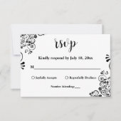 白エレガント黒ボホ華美フローラ結婚 出欠カード (正面)