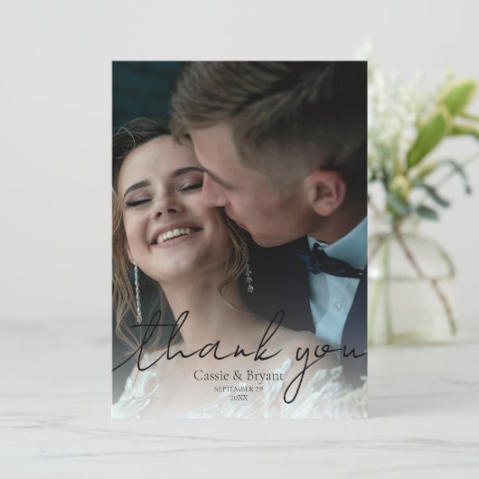 白エレガント黒モダン結婚の サンキューカード (スタンド正面)