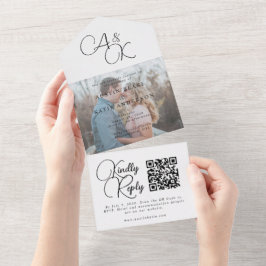 白エレガント黒モノグラムスクリプト写真結婚の オールインワン招待状