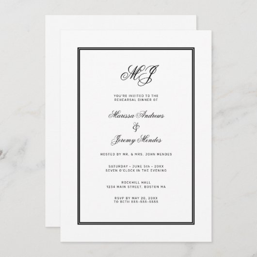 白エレガント黒モノグラムリハーサルディナー 招待状 (正面/裏面)