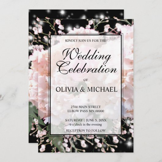 白エレガント黒レースフローラピンク結婚ローズ 招待状 (正面/裏面)