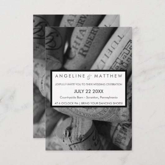 白エレガント黒ワインのコ結婚ルクカード 招待状 (正面/裏面)