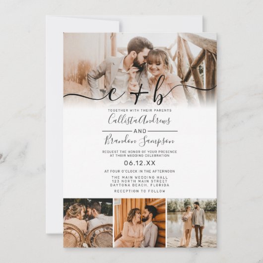 白エレガント黒写真モノグラム結婚のインビタ 招待状 (正面)