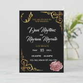 白エレガント黒幾何結婚花 招待状 (スタンド正面)