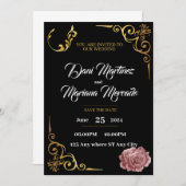 白エレガント黒幾何結婚花 招待状 (正面/裏面)