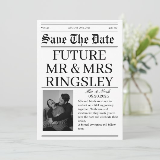 白エレガント黒新聞フォトズ結婚ス セーブザデート (スタンド正面)