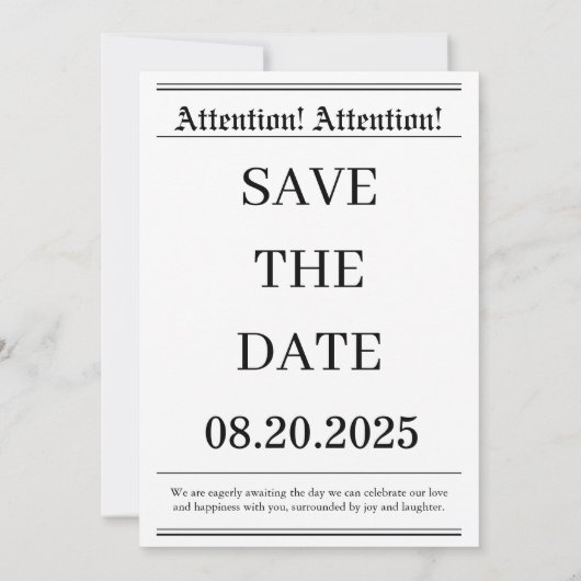 白エレガント黒新聞フォトズ結婚ス セーブザデート (裏面)