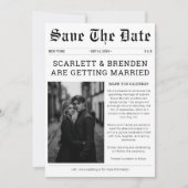 白エレガント黒新聞結婚の写真 セーブザデート (正面)