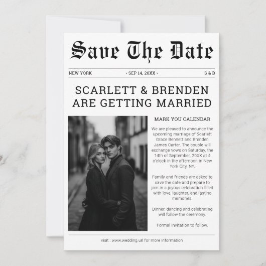 白エレガント黒新聞結婚の写真 セーブザデート (正面)