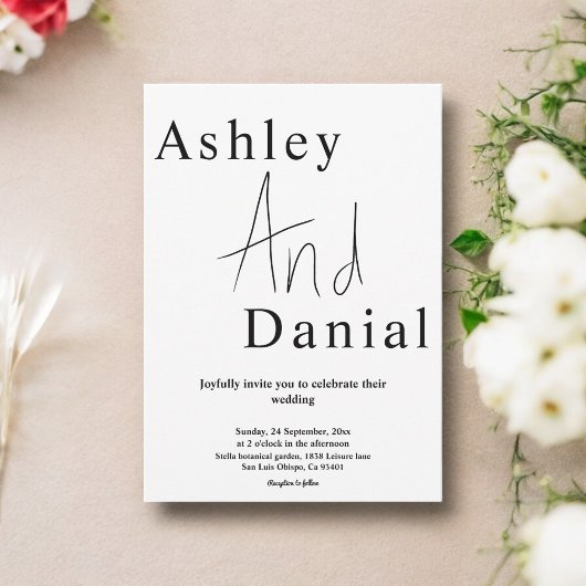 白エレガント黒書文字結婚 招待状