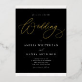 白エレガント黒書結婚金ゴールド 箔招待状 (正面)