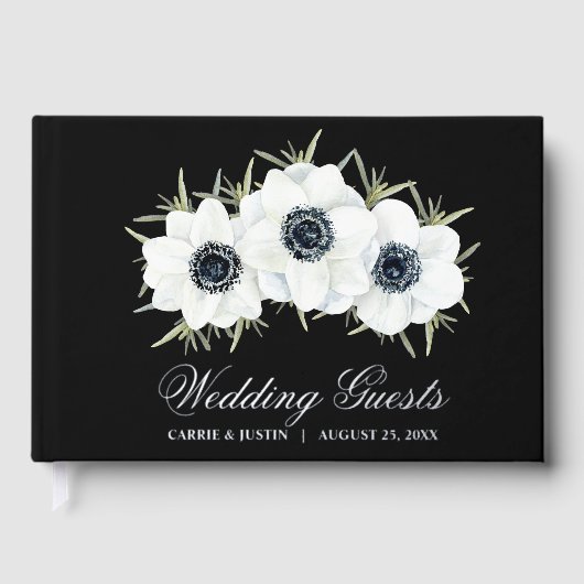 白エレガント黒花結婚の花 ゲストブック (正面)