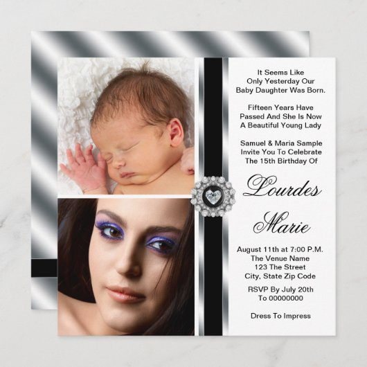 白エレガント黒銀写真キンセアニェラ 招待状 (正面/裏面)