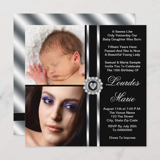 白エレガント黒銀写真キンセアニェラ 招待状 (正面/裏面)