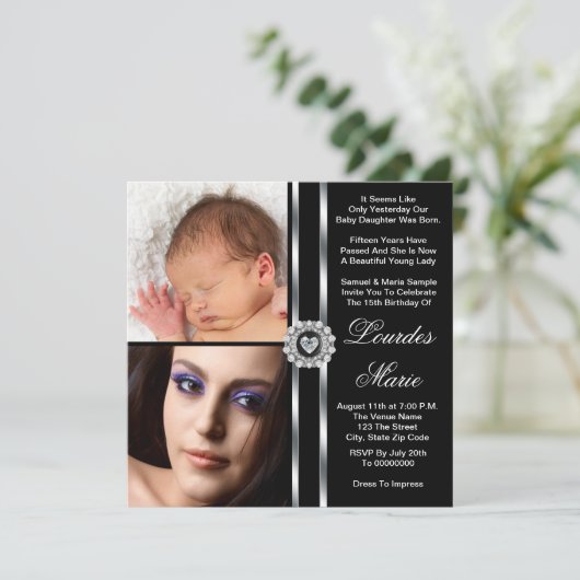 白エレガント黒銀写真キンセアニェラ 招待状 (スタンド正面)