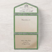 白エレガント、セージ緑のリボン、輝きとハート オールインワン招待状 (外側)