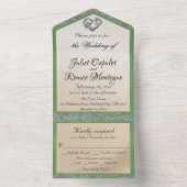 白エレガント、セージ緑のリボン、輝きとハート オールインワン招待状 (内側)