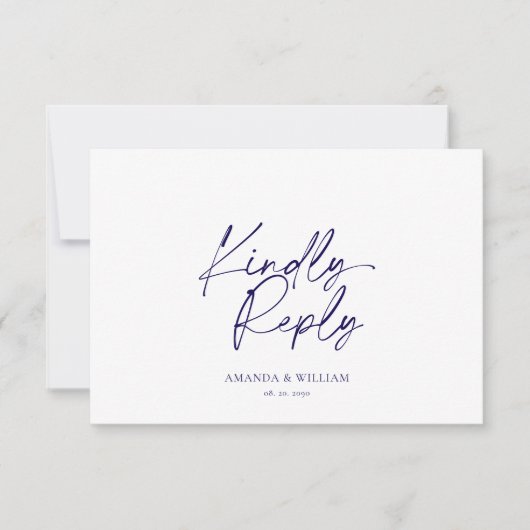 白エレガント&ネイビーブルーQRコードRSVPカード 出欠カード (正面)