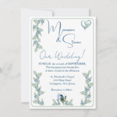白エレガント、緑、青のフローラ結婚 招待状 (正面)