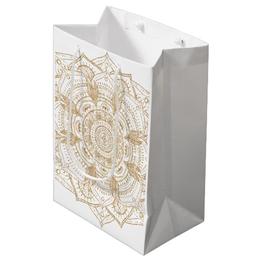 白エレガント&金ゴールドマンダラハンドドローデザイン ミディアムペーパーバッグ (正面アングル)