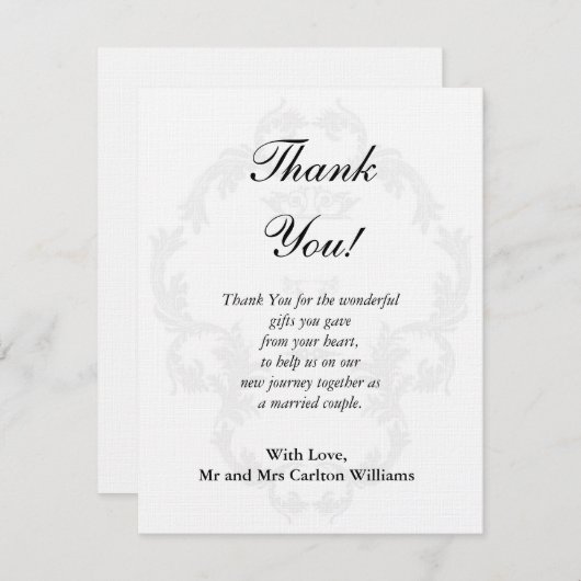 白エレガント/銀のフ結婚ラッサンキューカード 招待状 (正面/裏面)