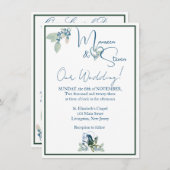 白エレガント、青、緑の蘭結婚の 招待状 (正面/裏面)