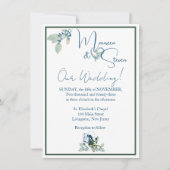 白エレガント、青、緑の蘭結婚の 招待状 (正面)