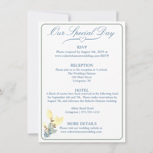 白エレガント、黄、緑の色相のフローラ結婚 招待状 (裏面)