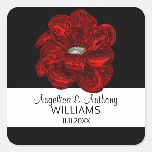 白エレガント・黒・赤バラの花の結婚アザラシ スクエアシール (正面)