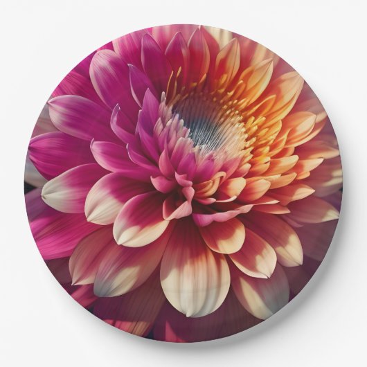 白オレンジイエローピンクパープルブルーダリア花 ペーパープレート (正面)