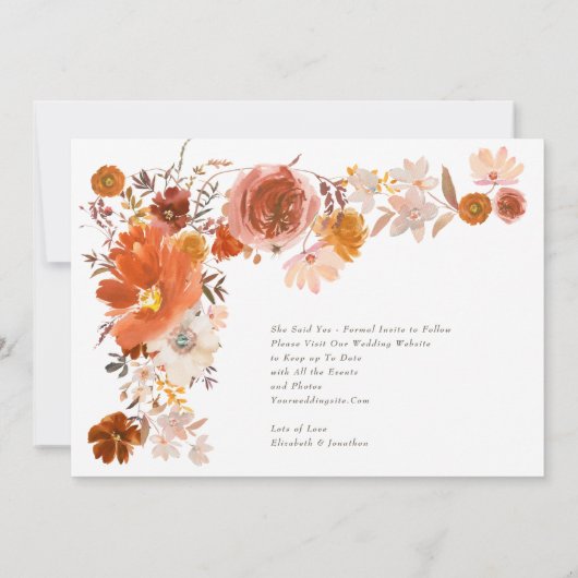 白オレンジ色のフローラフレーム結婚ブーケの写真 セーブザデート (裏面)