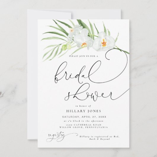 白オーキッド |熱帯エレガントブライダルシャワー写真 招待状 (正面)