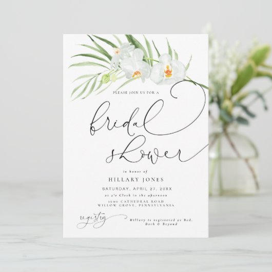 白オーキッド |熱帯エレガントブライダルシャワー写真 招待状 (スタンド正面)