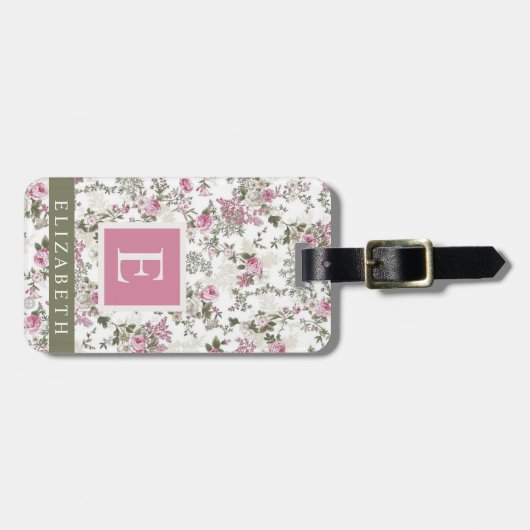 白カスタマイズフローラピンク緑のバラ花 ラゲッジタグ (正面横)