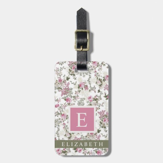 白カスタマイズフローラピンク緑のバラ花 ラゲッジタグ (正面縦)