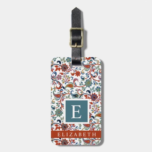 白カスタマイズフローラ赤緑ペイズリー花 ラゲッジタグ (正面縦)