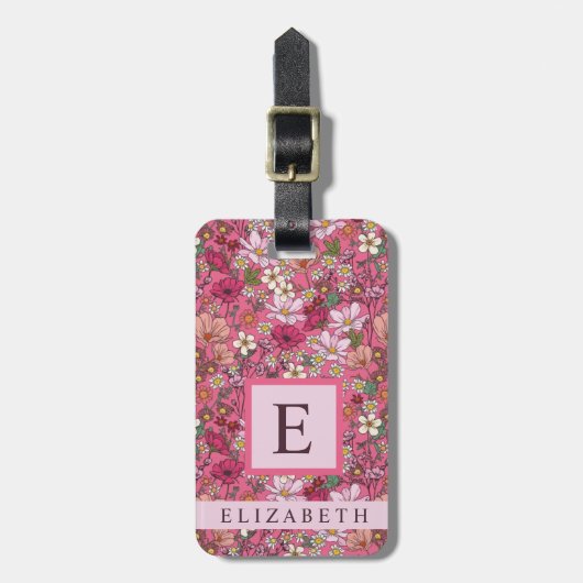 白カスタマイズ花ピンクフローラ ラゲッジタグ (正面縦)