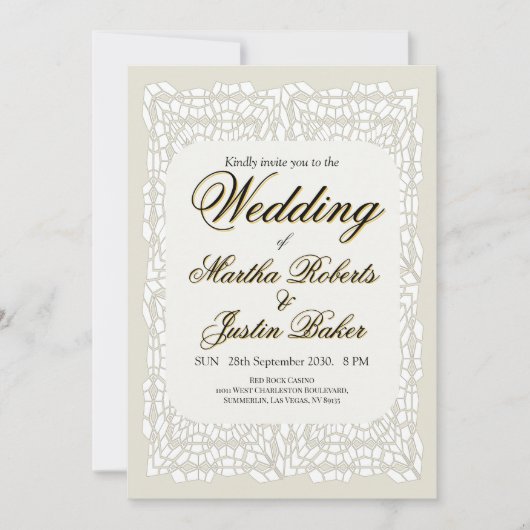 白カスタムエレガントモダンレース装飾品 招待状 (正面)