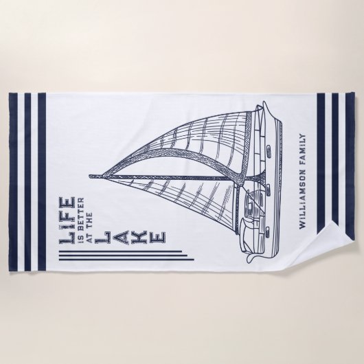 白カスタムネイビーブルーの生活は湖で良い ビーチタオル (正面)