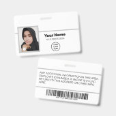 白カスタム人社員：写真、バーコード、ロゴ、名前 バッジ (正面＆裏面)