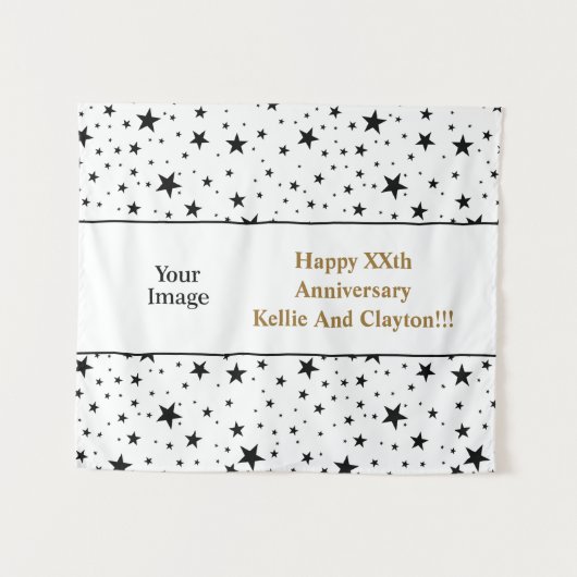 白カスタム星/黒星メッセージ/写真記念日 タペストリー (正面(横))