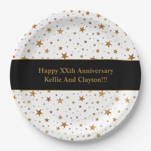 白カスタム/金ゴールド星メッセージ記念日 ペーパープレート (正面)