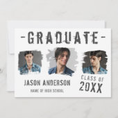 白カッコいいグランジの3枚の写真卒業 案内状 (正面)