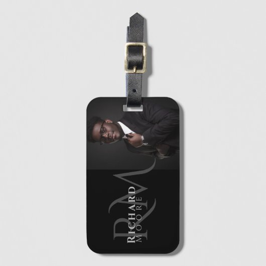 白カッコいいモダン黒の写真モノグラムの ラゲッジタグ (正面縦)