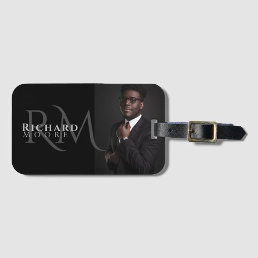 白カッコいいモダン黒の写真モノグラムの ラゲッジタグ (正面横)