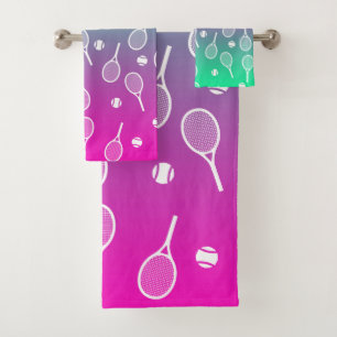 白カッコいいレトロテニスラケット模様グラデーション バスタオルセット